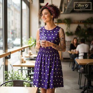 4G By Gizia Purple & Cream Polka-Dot Sleeveless Dress Subtle Fit & Flare Design